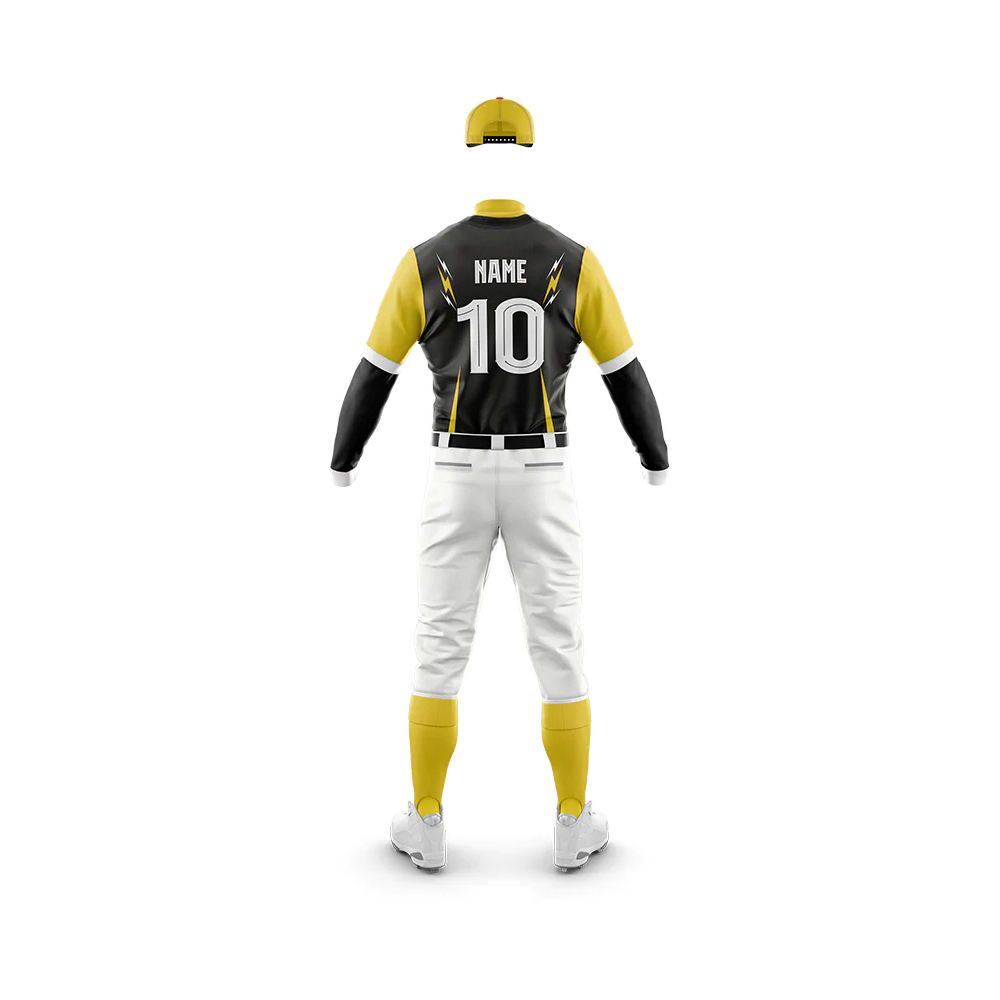 sublimated baseball uniform in black and yellow with a lightning graphic, additional view 3, manufactured by Abeeha Leather Industry