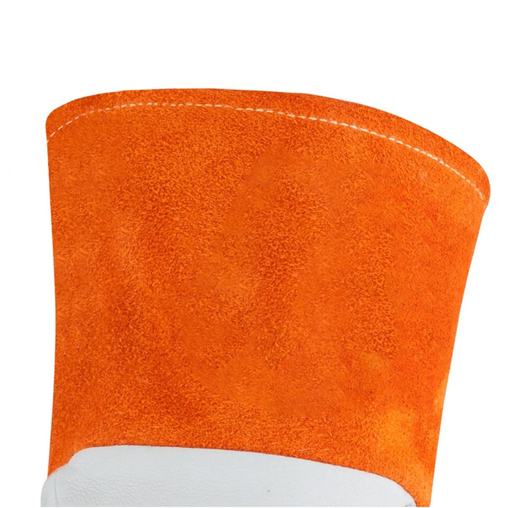 TIG welding gloves in white grain leather with an orange split-leather cuff, additional view 3, manufactured by Abeeha Leather Industry
