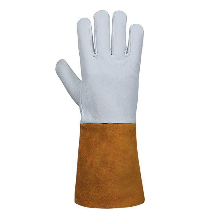 TIG welding gloves in white grain leather with a tan split-leather cuff, additional view 3, manufactured by Abeeha Leather Industry