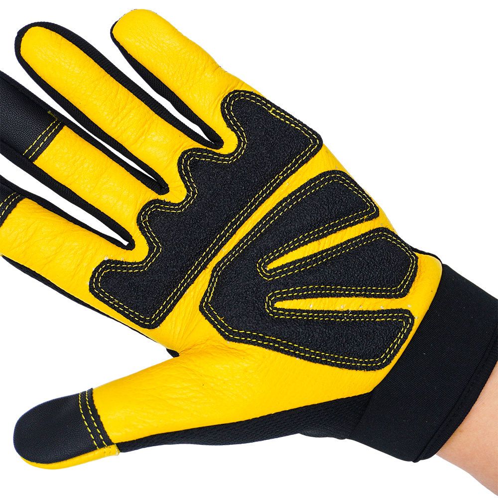 mechanic gloves in yellow and black synthetic with a reflective stripe, additional view 4, manufactured by Abeeha Leather Industry