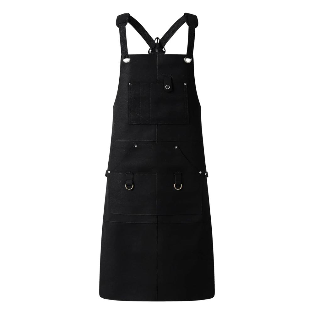 leather work apron in black with multiple tool pockets, front view, manufactured by Abeeha Leather Industry