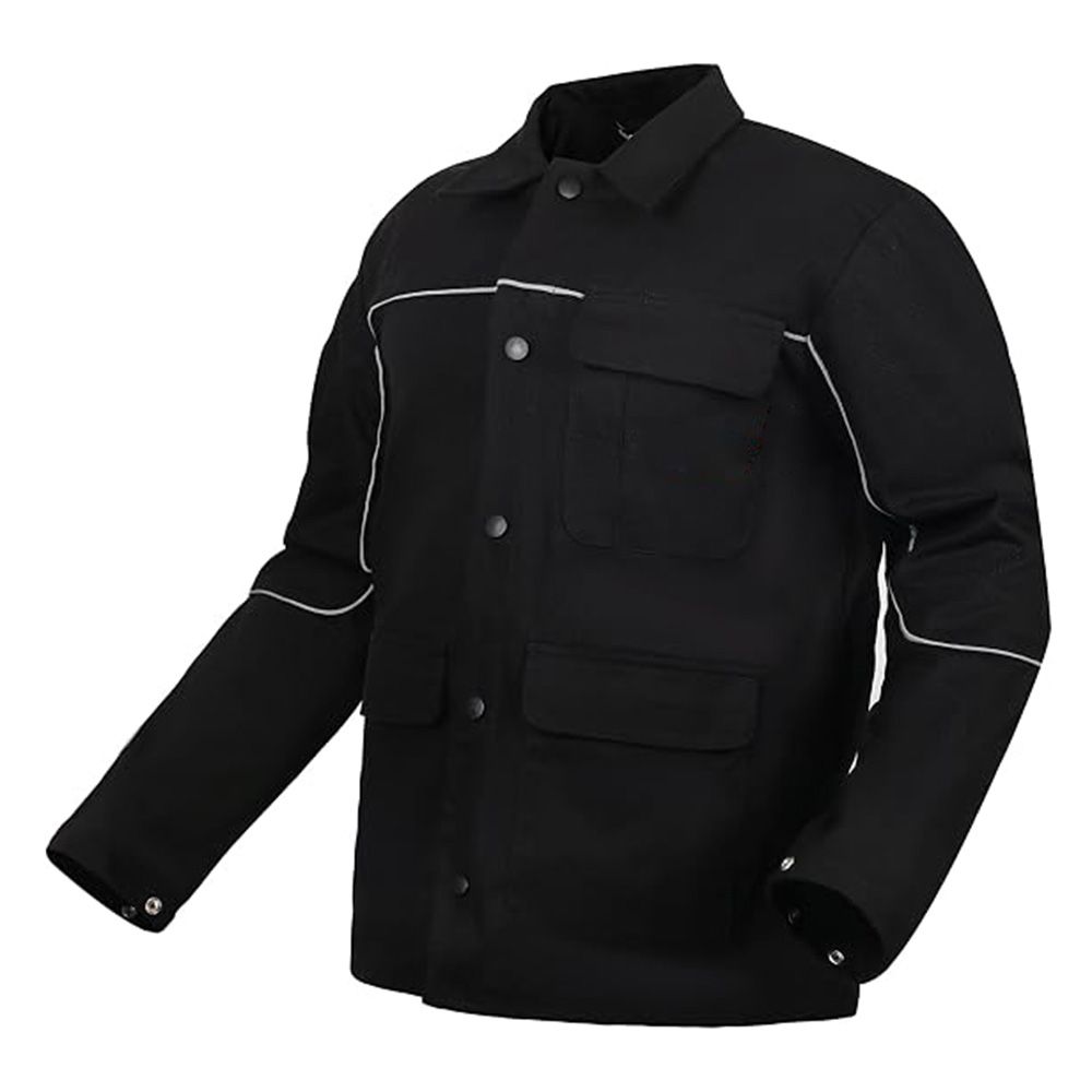 FR cotton welding jacket in black with reflective piping, front view, manufactured by Abeeha Leather Industry