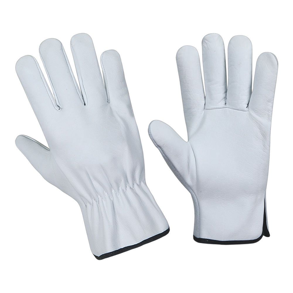 driver gloves in white grain leather with black edge trim, front view, manufactured by Abeeha Leather Industry