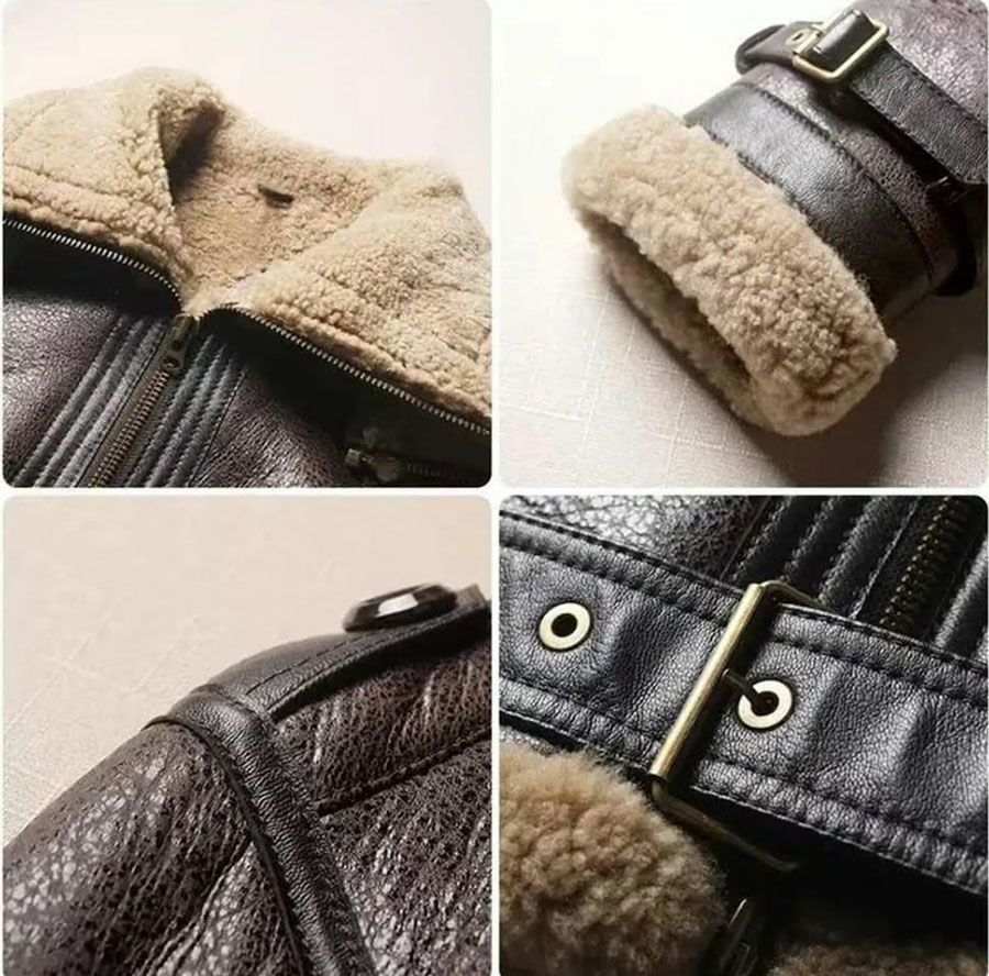 women's shearling-lined leather coat in brown and tan, additional view 5, manufactured by Abeeha Leather Industry