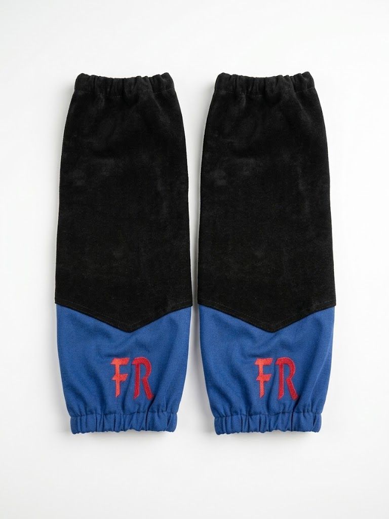 FR fabric arm sleeves in black and blue, front view, manufactured by Abeeha Leather Industry