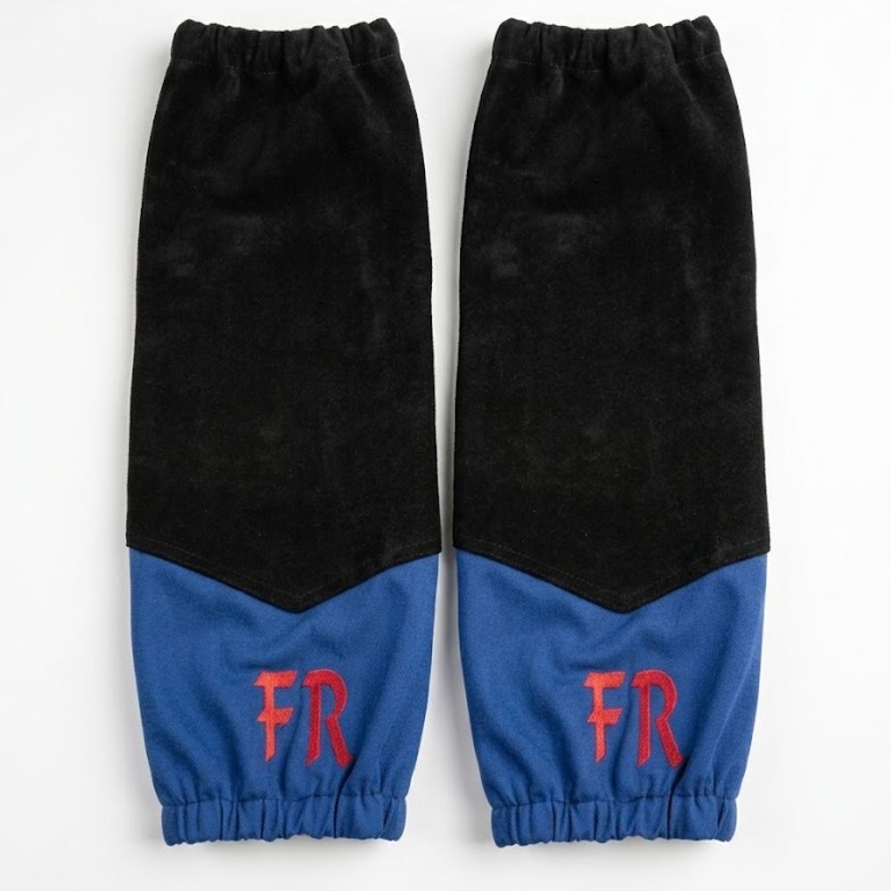 FR fabric arm sleeves in black and blue, front view, manufactured by Abeeha Leather Industry