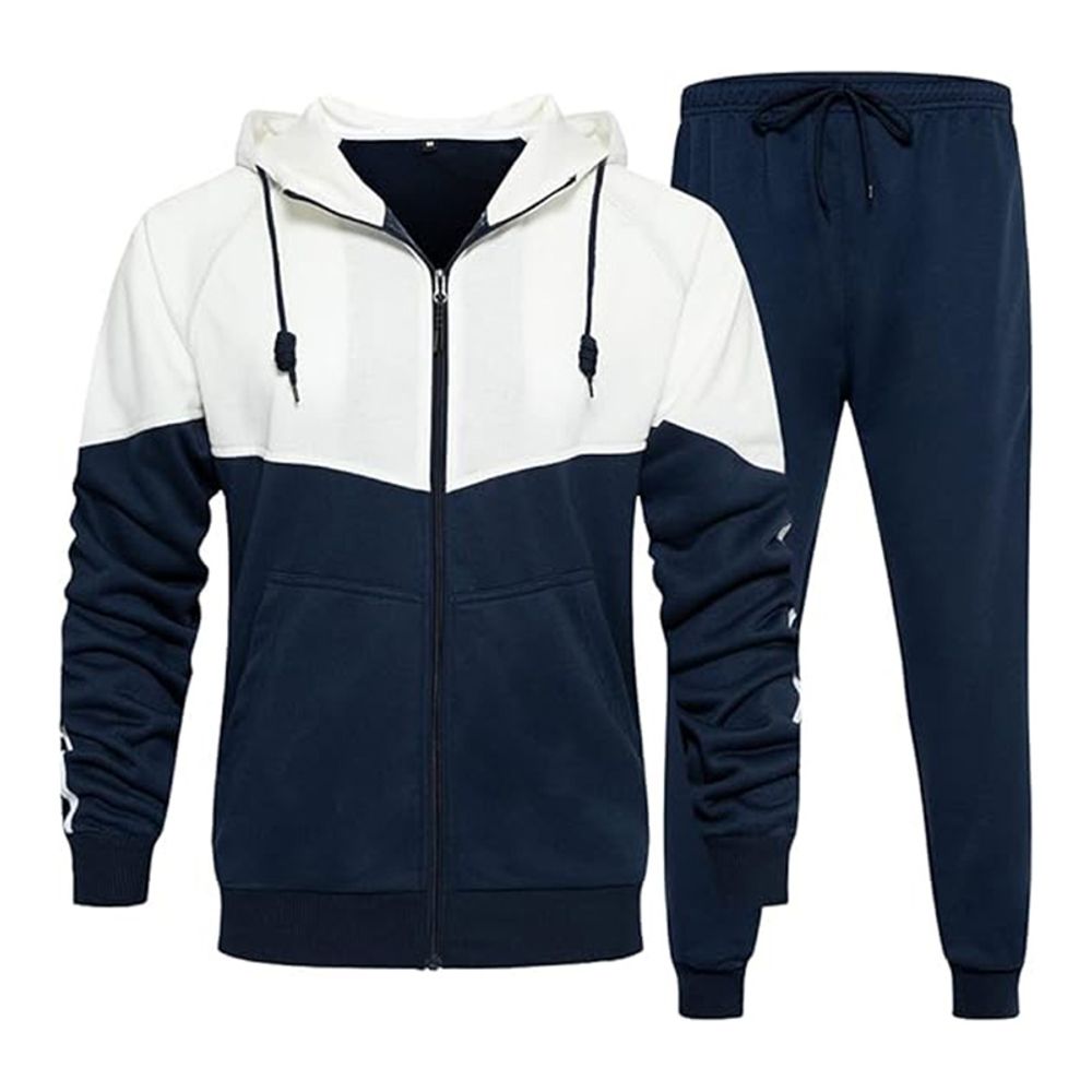 two-piece hooded tracksuit in navy and white, front view, manufactured by Abeeha Leather Industry