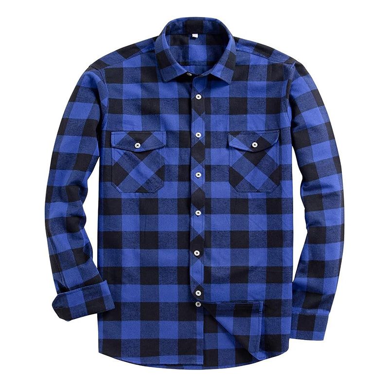 flannel shirt in blue and black buffalo check, front view, manufactured by Abeeha Leather Industry