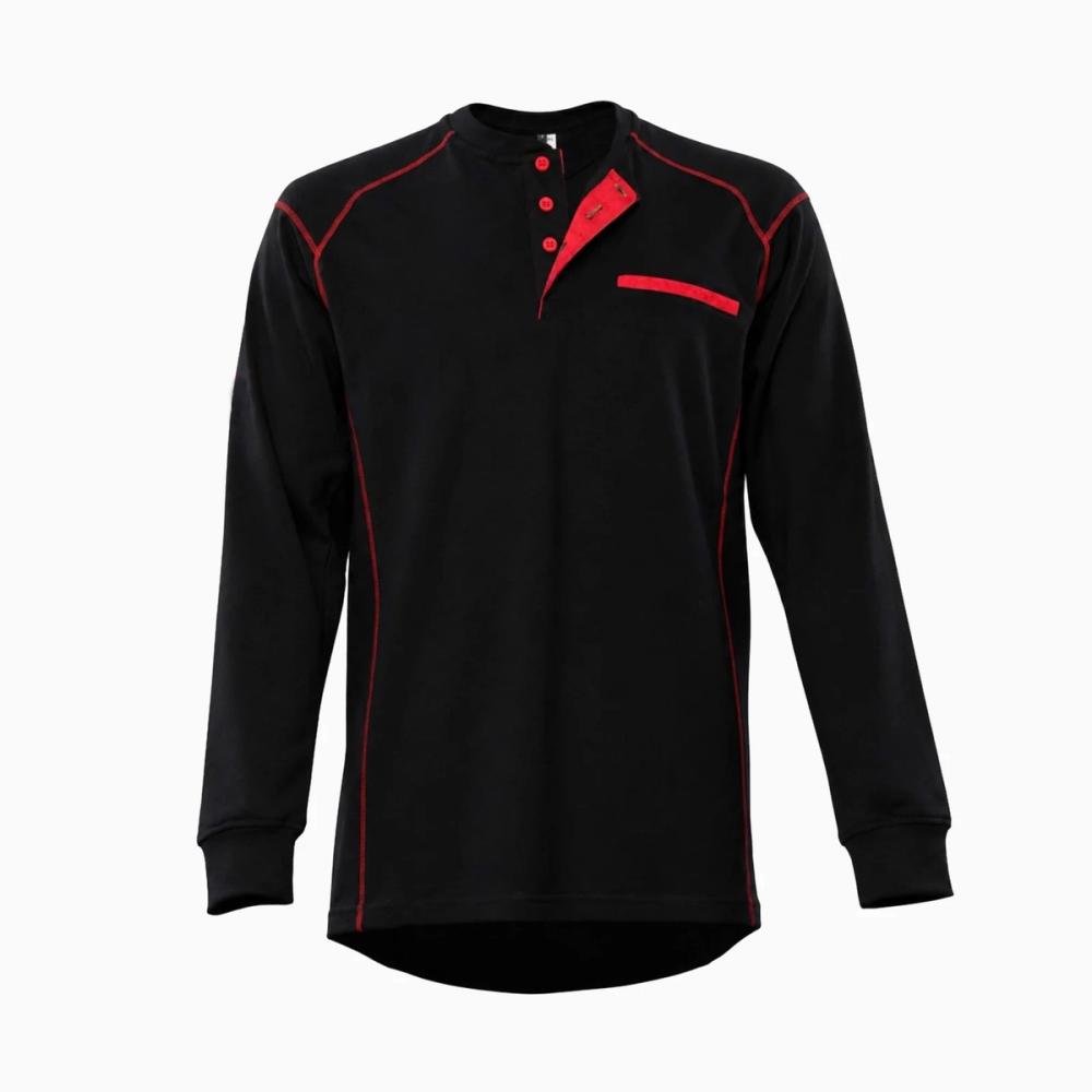 long-sleeve FR tee in black with red contrast trim, front view, manufactured by Abeeha Leather Industry