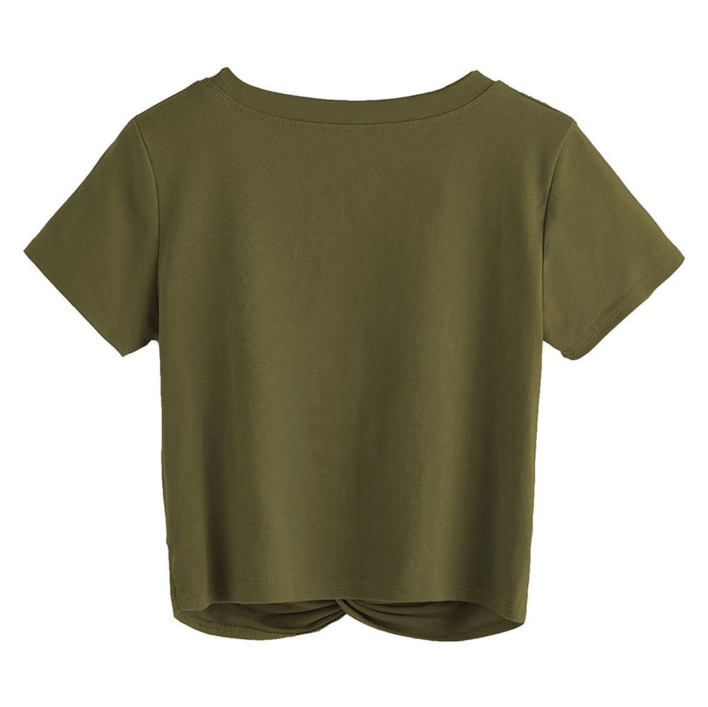women's twist-front crop tee in olive, additional view 2, manufactured by Abeeha Leather Industry