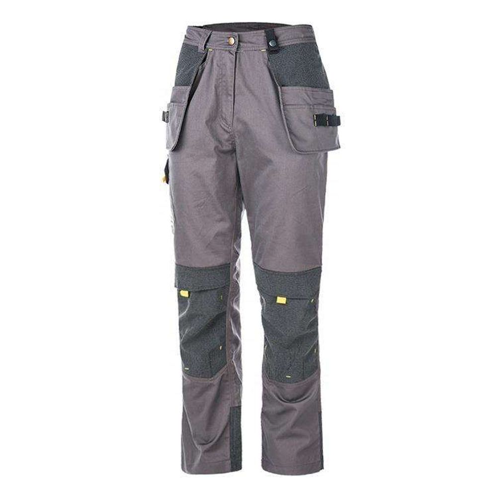 women's work trousers in grey with reinforced knee patches, front view, manufactured by Abeeha Leather Industry