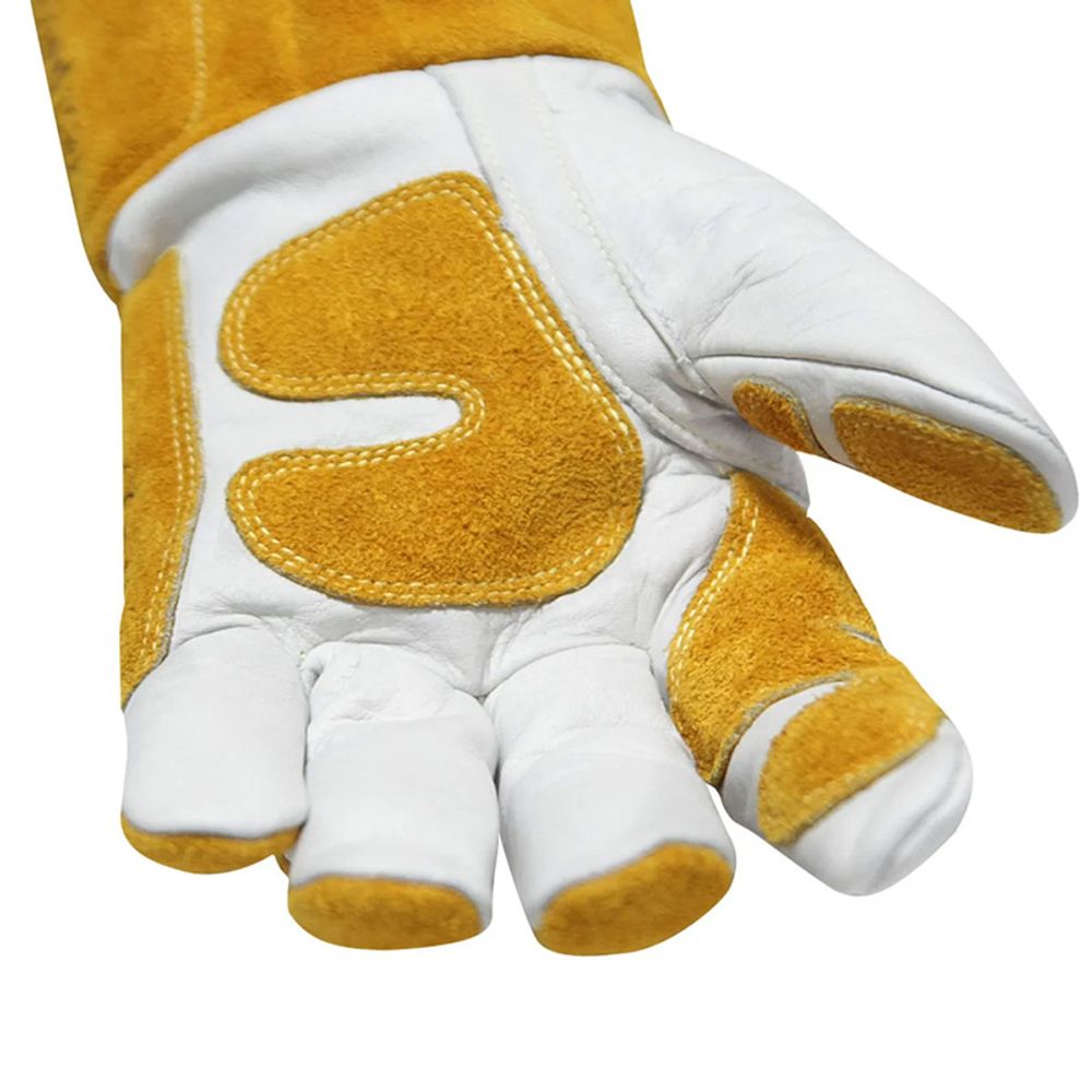 MIG welding gauntlet gloves in gold split leather with a reinforced palm, additional view 4, manufactured by Abeeha Leather Industry