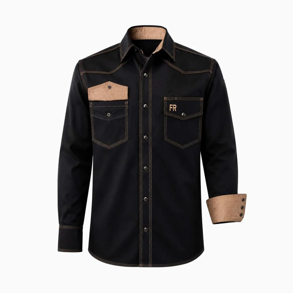 men's FR shirt in black with a tan contrast lining, front view, manufactured by Abeeha Leather Industry