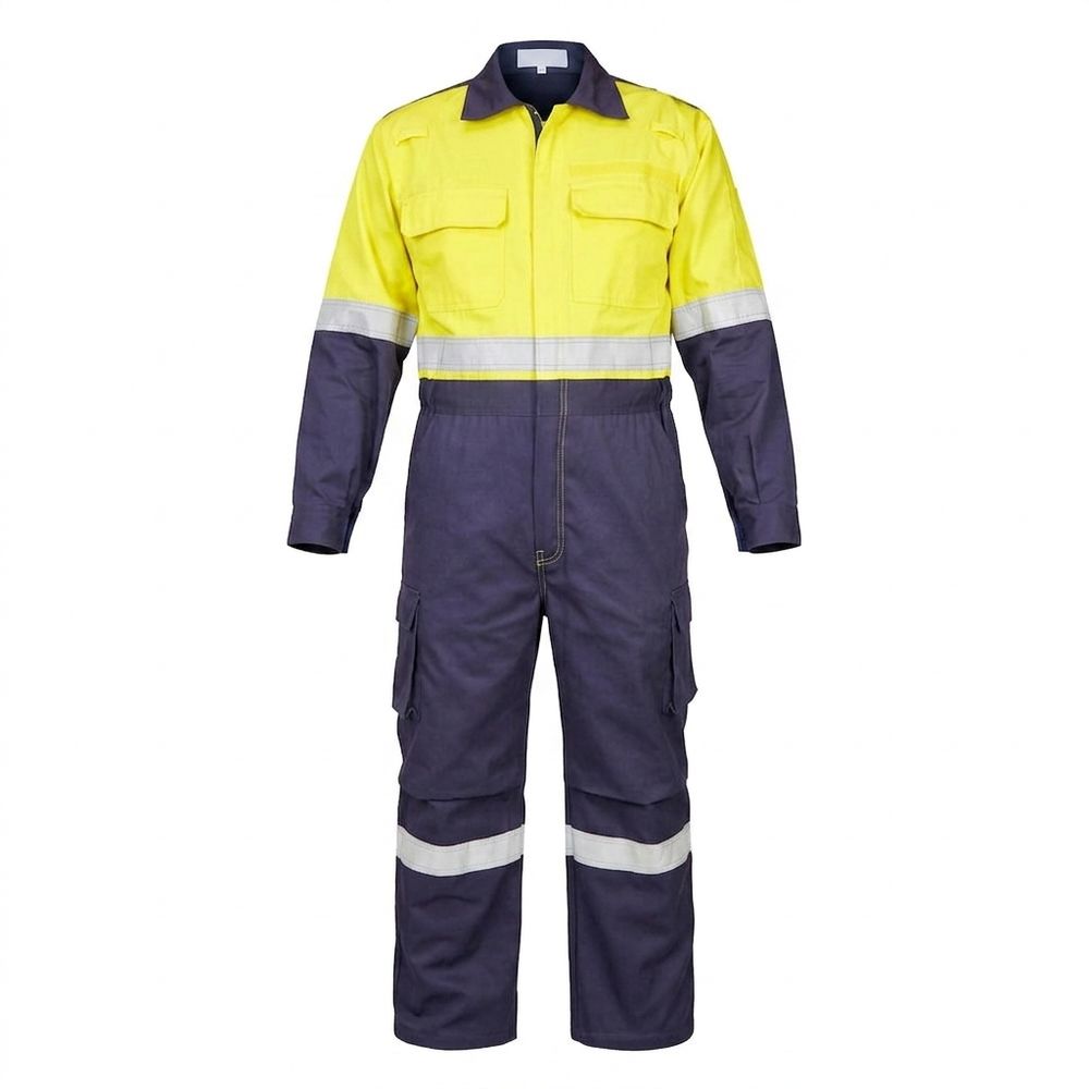 hi-vis coverall in yellow and navy, front view, manufactured by Abeeha Leather Industry