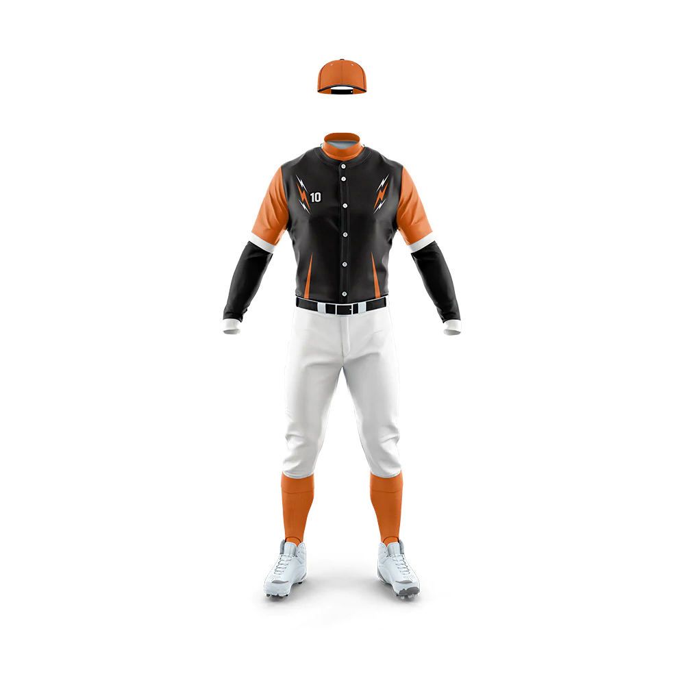 sublimated baseball uniform in orange and black, additional view 3, manufactured by Abeeha Leather Industry