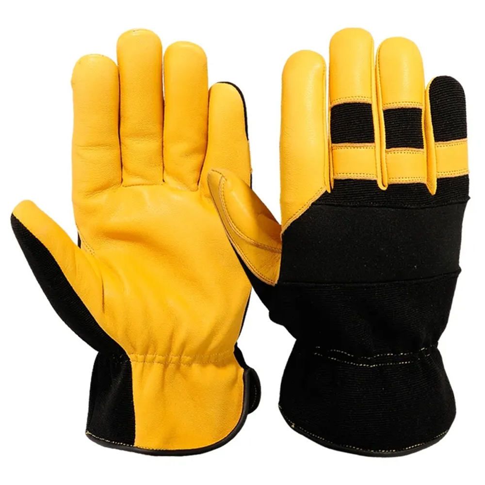 mechanic gloves in yellow leather-look with a black TPR knuckle guard, front view, manufactured by Abeeha Leather Industry