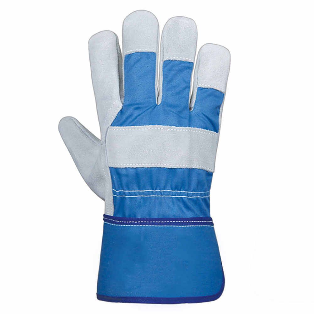 rigger gloves in grey split leather with a blue canvas cuff, additional view 3, manufactured by Abeeha Leather Industry