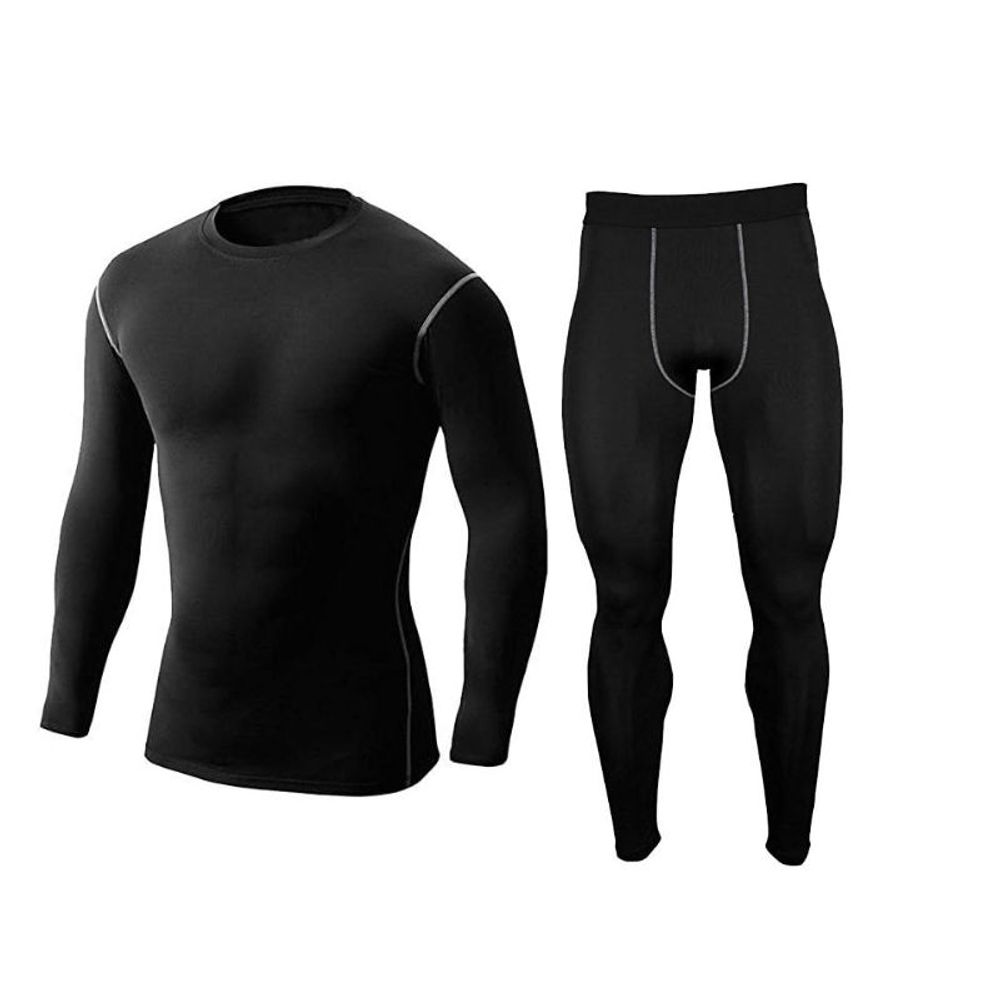 men's compression base layer set in black, front view, manufactured by Abeeha Leather Industry