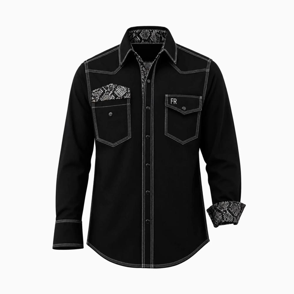 men's FR shirt in black with a snake-print contrast lining, front view, manufactured by Abeeha Leather Industry