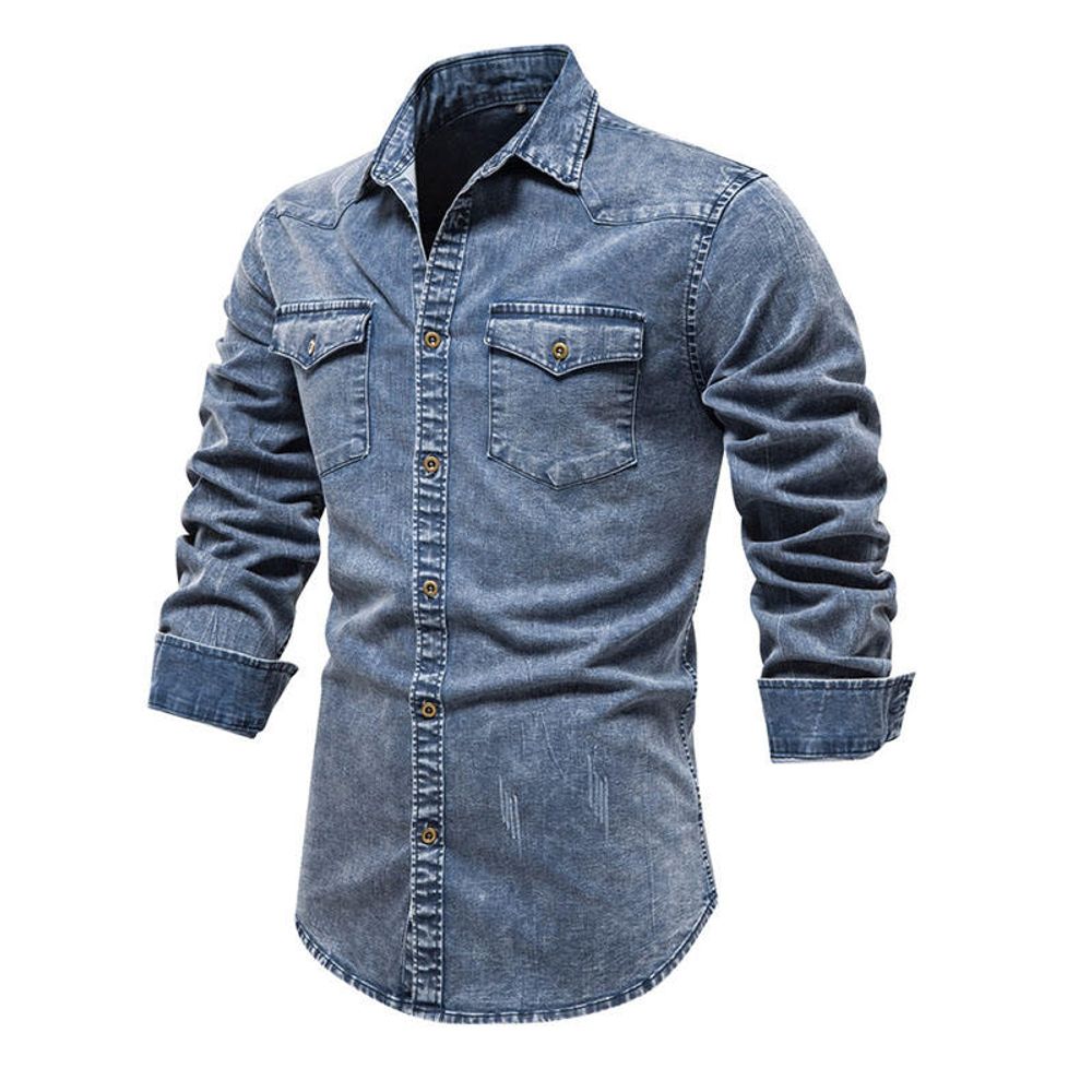 denim work shirt in light wash, additional view 4, manufactured by Abeeha Leather Industry
