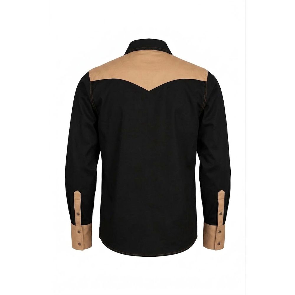 men's FR shirt in black with a tan colour-block yoke and pockets, additional view 2, manufactured by Abeeha Leather Industry