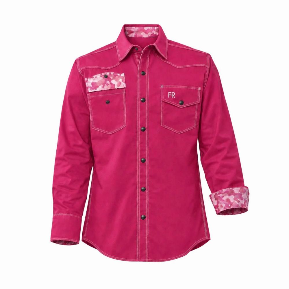 women's FR shirt in pink with a camo-print contrast lining, front view, manufactured by Abeeha Leather Industry