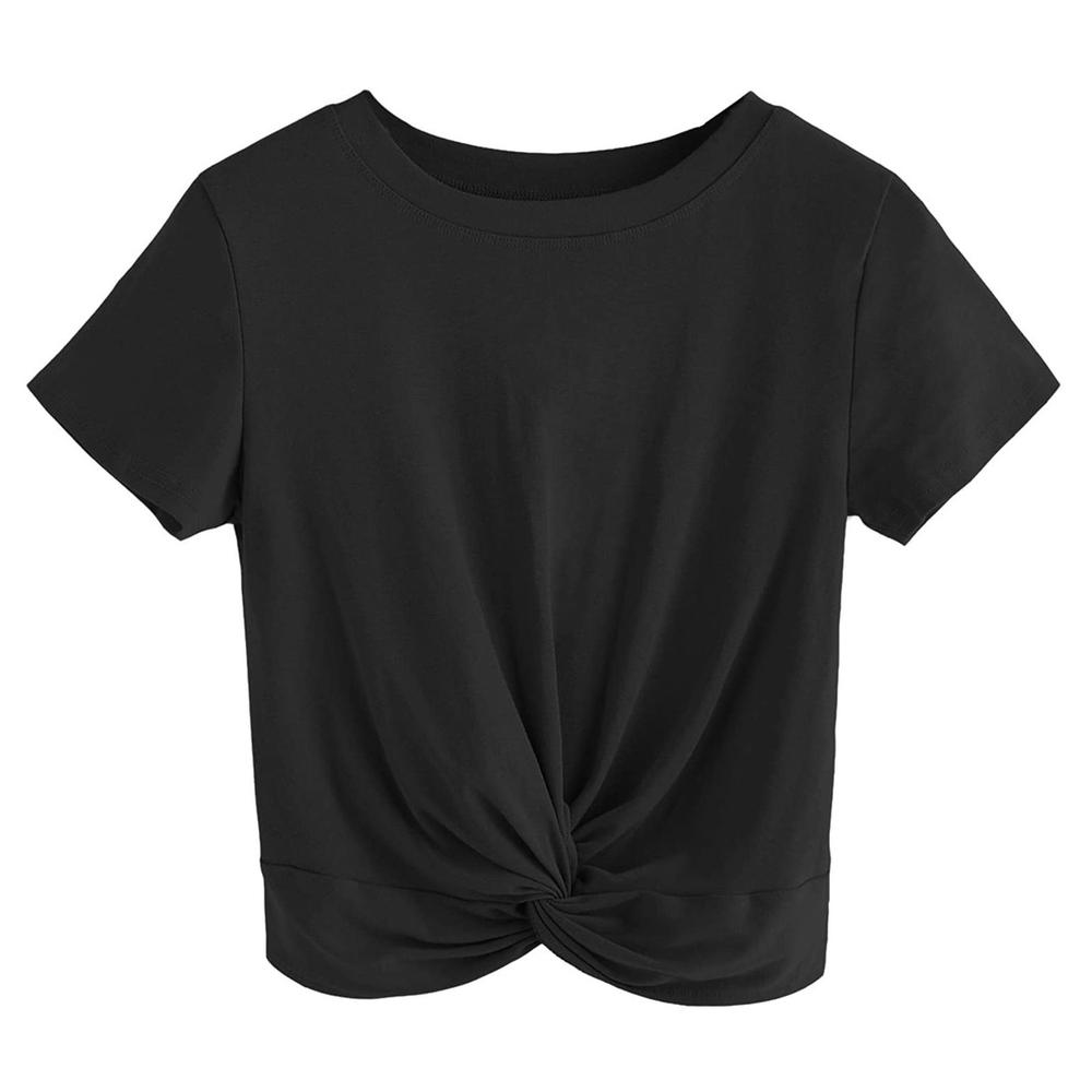 women's twist-front crop tee in black, front view, manufactured by Abeeha Leather Industry