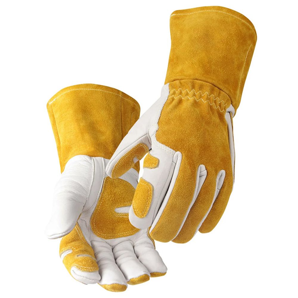 MIG welding gauntlet gloves in gold split leather with a reinforced palm, front view, manufactured by Abeeha Leather Industry