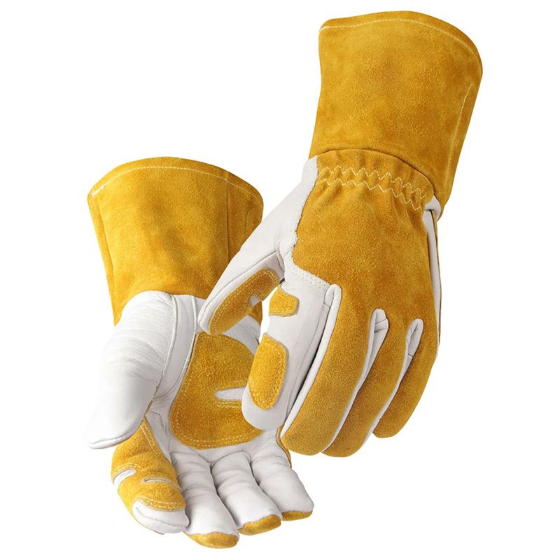 MIG welding gauntlet gloves in gold split leather with a reinforced palm, front view, manufactured by Abeeha Leather Industry