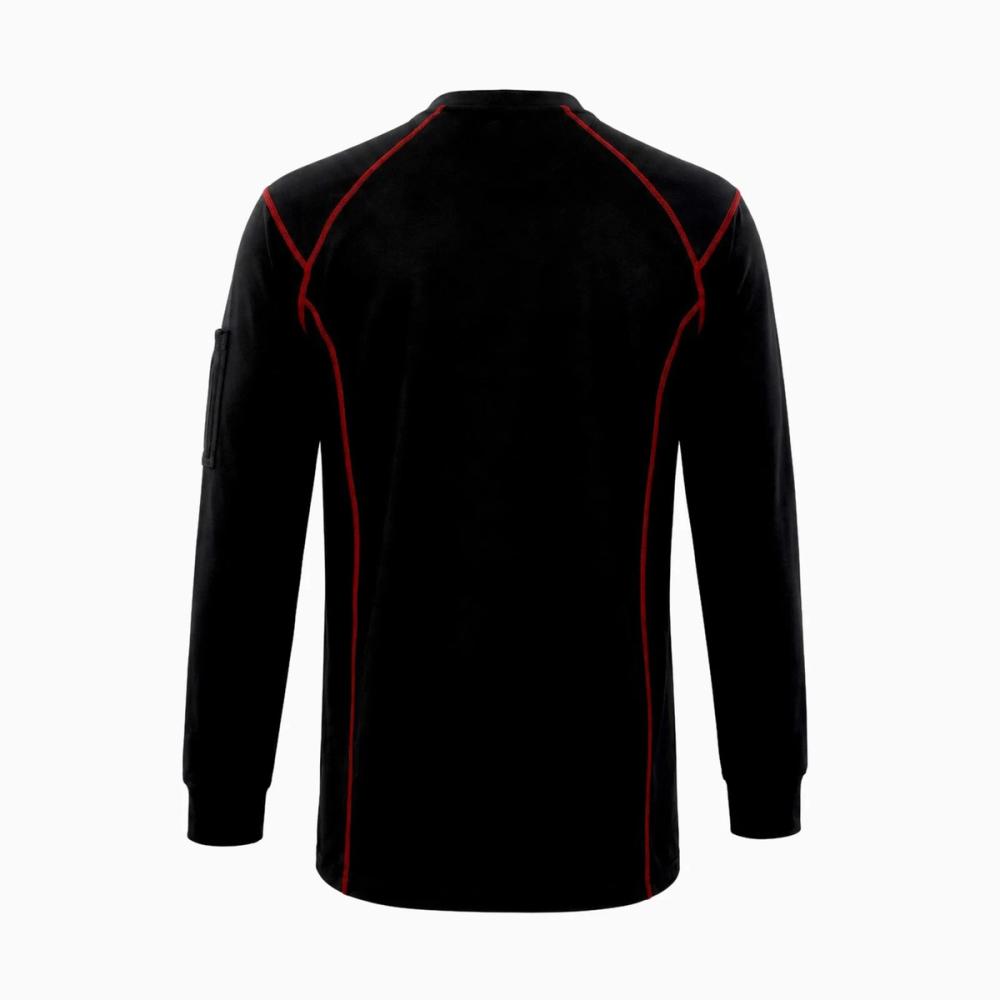 long-sleeve FR tee in black with red contrast trim, additional view 2, manufactured by Abeeha Leather Industry