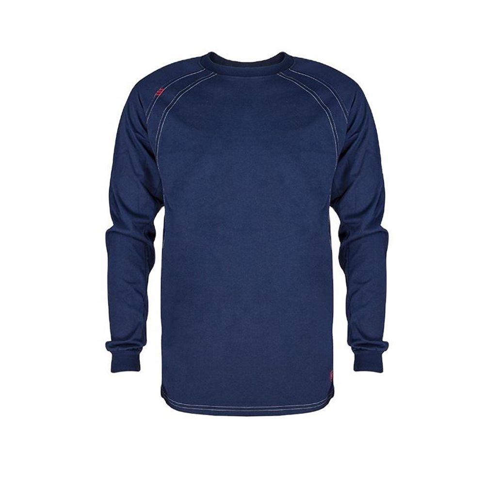 FR crew-neck long-sleeve tee in navy, front view, manufactured by Abeeha Leather Industry