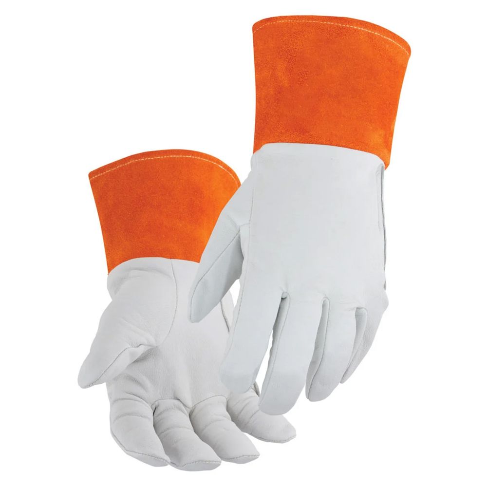 TIG welding gloves in white grain leather with an orange split-leather cuff, front view, manufactured by Abeeha Leather Industry