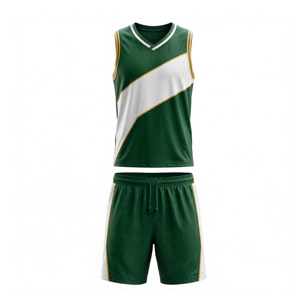 basketball uniform in yellow with green trim, front view, manufactured by Abeeha Leather Industry