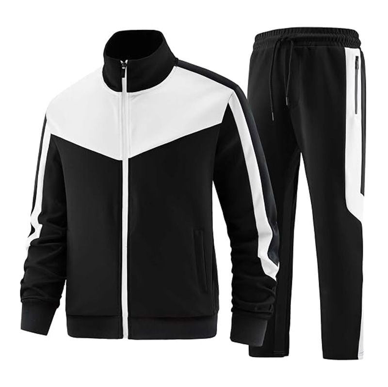 two-piece hooded tracksuit in black and white, front view, manufactured by Abeeha Leather Industry