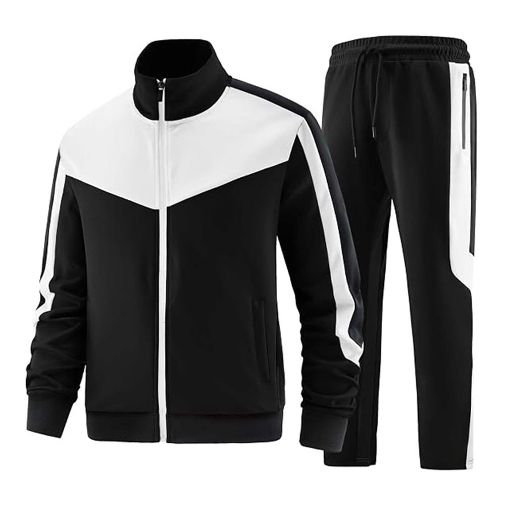 two-piece hooded tracksuit in black and white, front view, manufactured by Abeeha Leather Industry