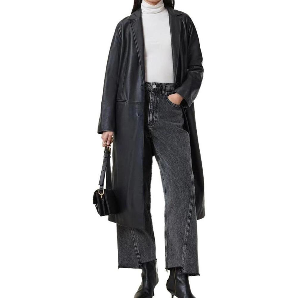 women's leather long coat in black, additional view 3, manufactured by Abeeha Leather Industry