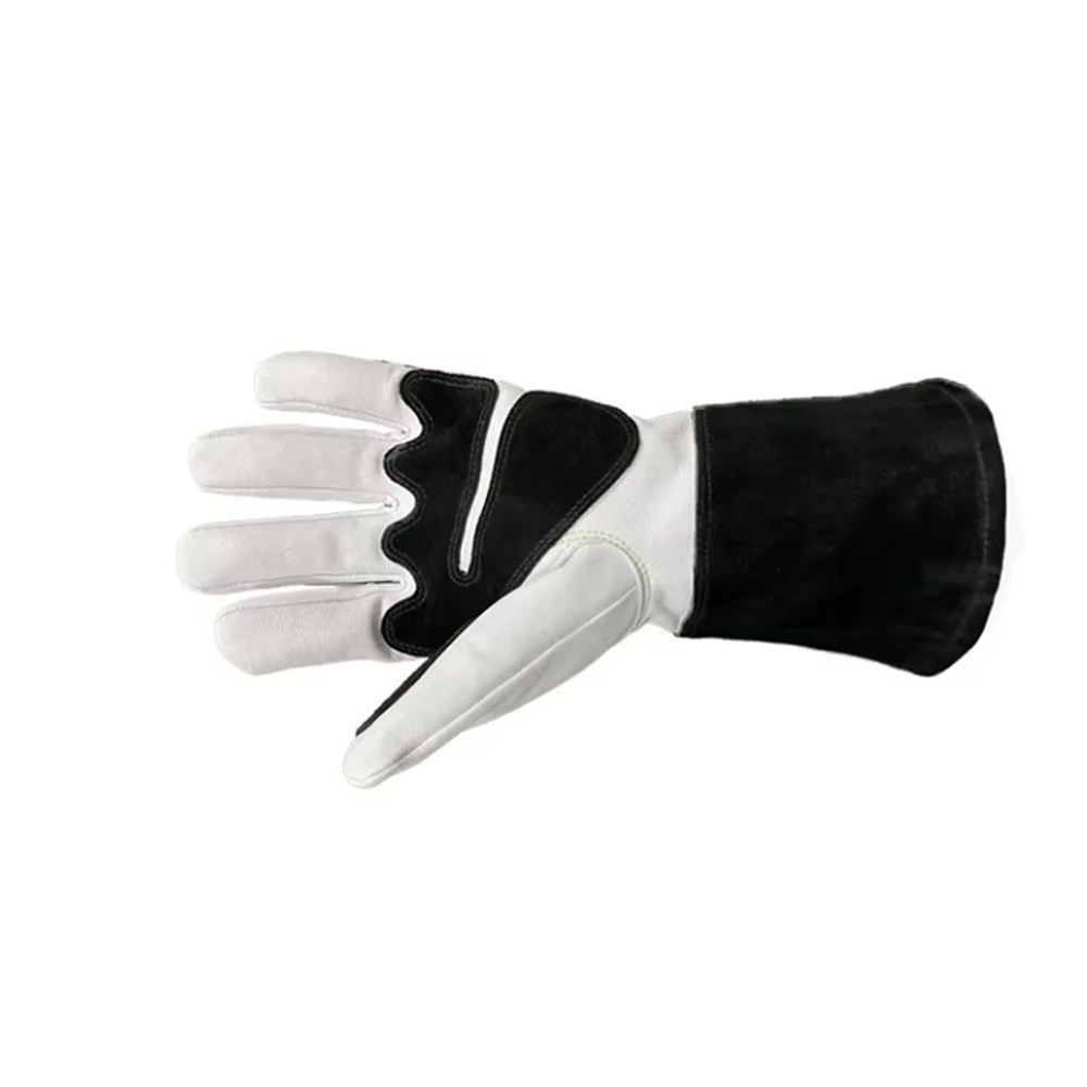 MIG welding gloves in black split leather with a white grain leather palm, additional view 3, manufactured by Abeeha Leather Industry