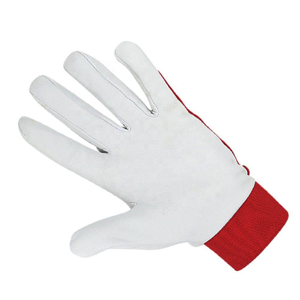 mechanic gloves in white leather-look with a red knit back, additional view 4, manufactured by Abeeha Leather Industry