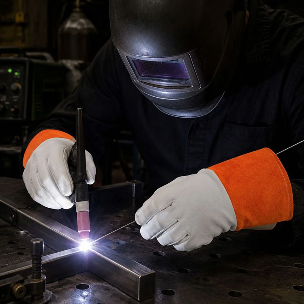 TIG welding gloves in white grain leather with an orange split-leather cuff, additional view 4, manufactured by Abeeha Leather Industry