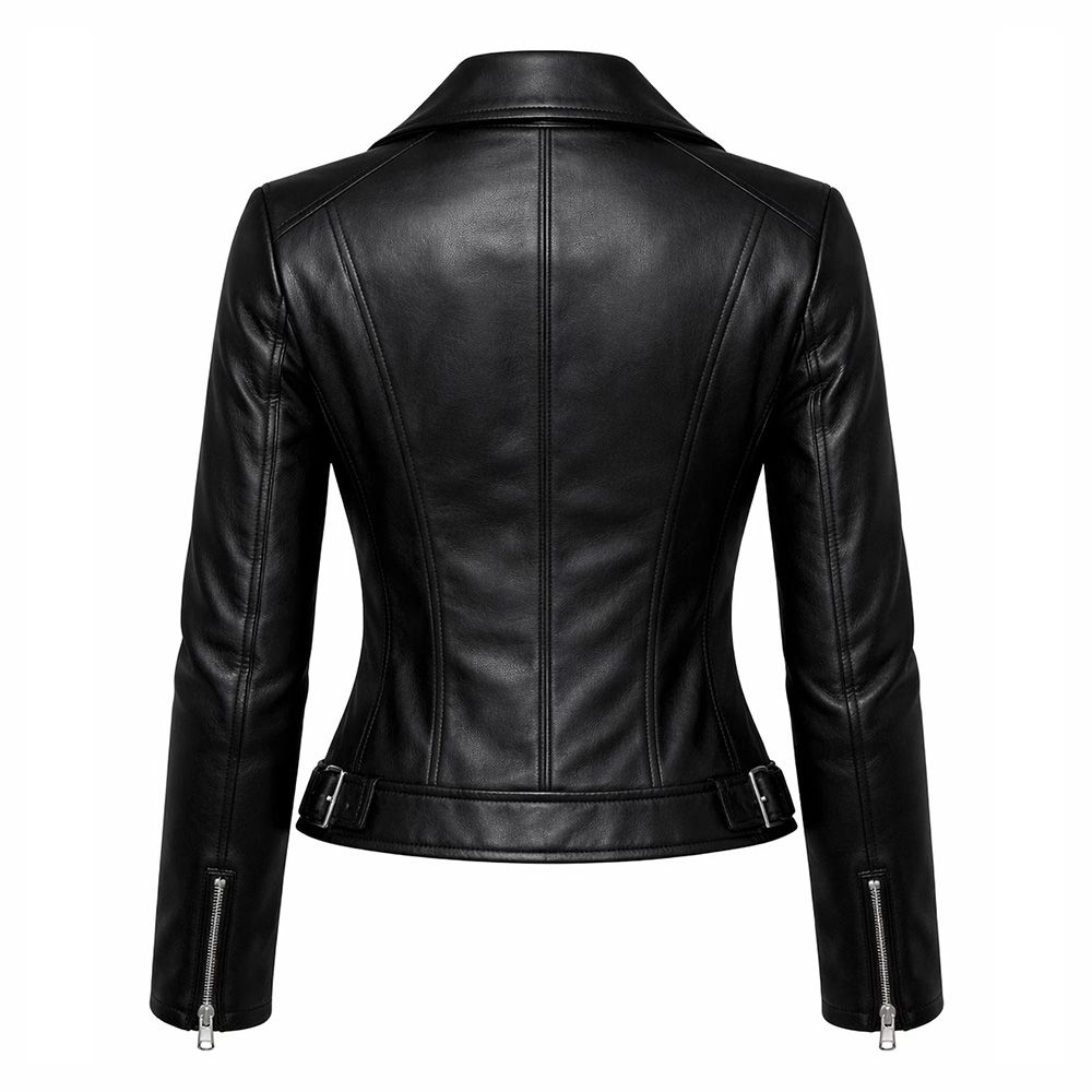 women's leather biker jacket in black, additional view 2, manufactured by Abeeha Leather Industry