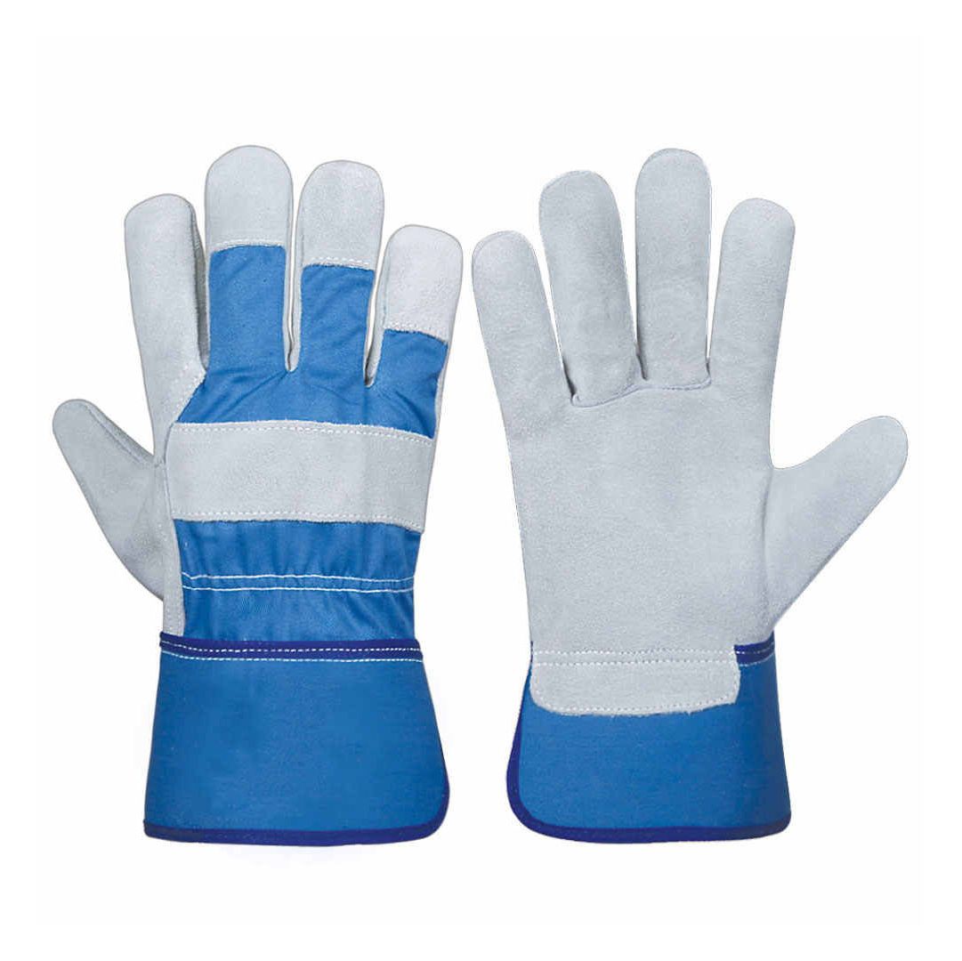 rigger gloves in grey split leather with a blue canvas cuff, front view, manufactured by Abeeha Leather Industry