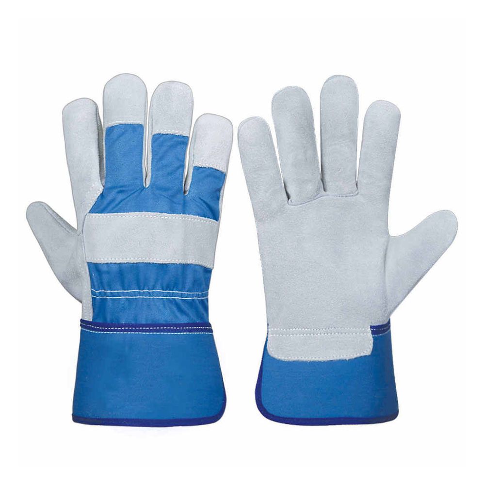 rigger gloves in grey split leather with a blue canvas cuff, front view, manufactured by Abeeha Leather Industry