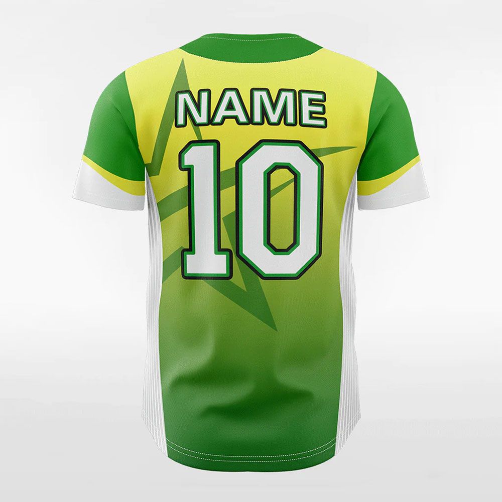 sublimated baseball jersey in green and yellow gradient, additional view 3, manufactured by Abeeha Leather Industry