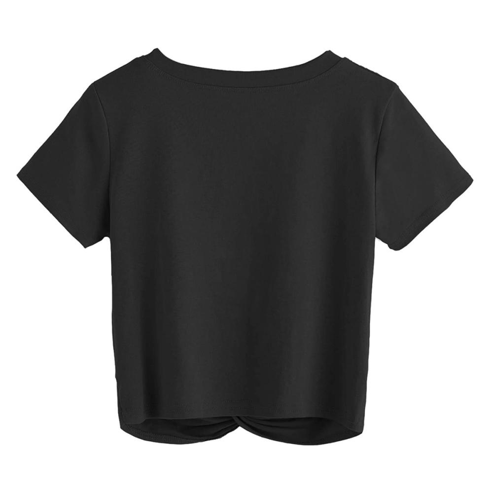 women's twist-front crop tee in black, additional view 2, manufactured by Abeeha Leather Industry