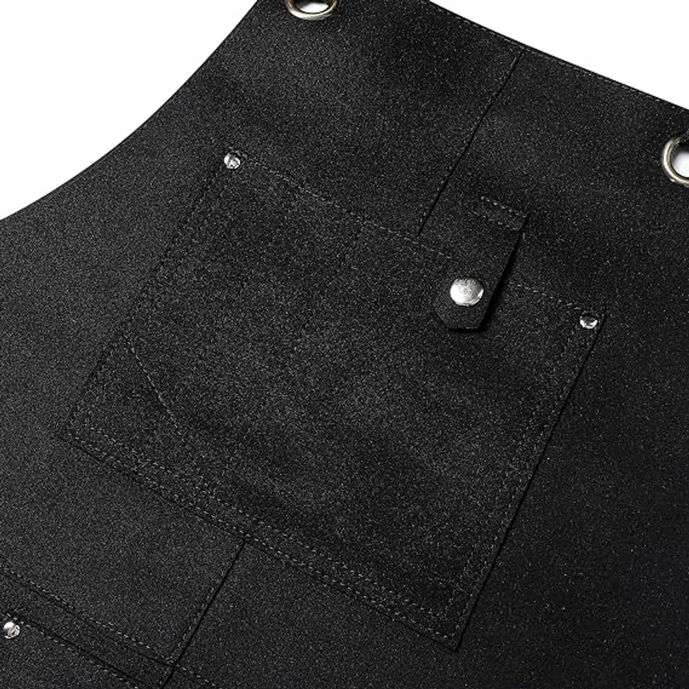 leather work apron in black with multiple tool pockets, additional view 4, manufactured by Abeeha Leather Industry