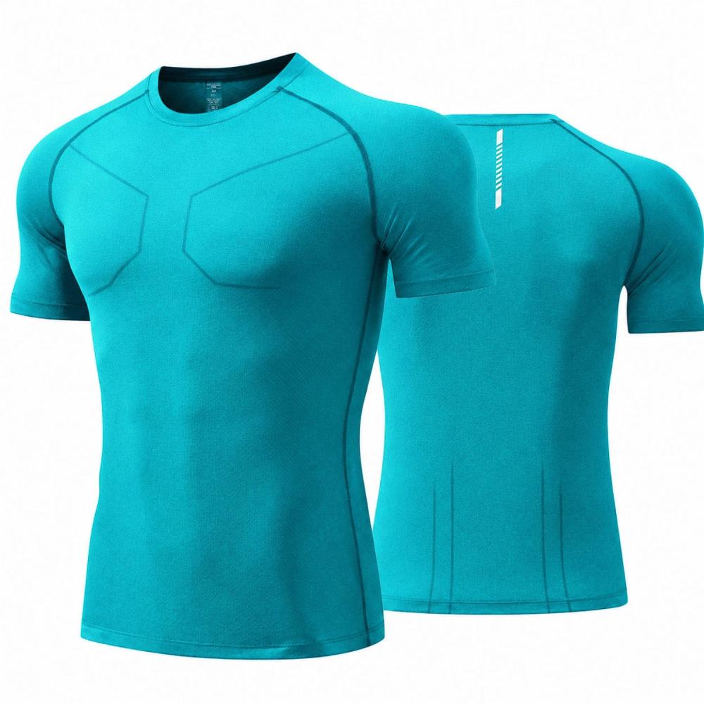men's compression tee in teal, front view, manufactured by Abeeha Leather Industry