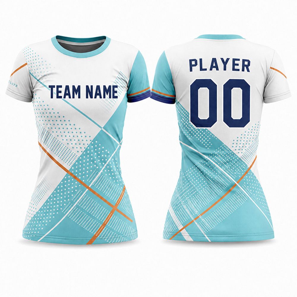 women's sublimated football jersey in teal and white, front view, manufactured by Abeeha Leather Industry