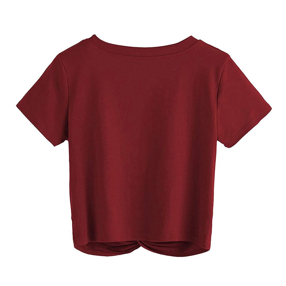 women's twist-front crop tee in burgundy, additional view 2, manufactured by Abeeha Leather Industry
