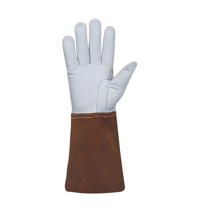 TIG welding gloves in white grain leather with a rust-brown split-leather cuff, additional view 3, manufactured by Abeeha Leather Industry