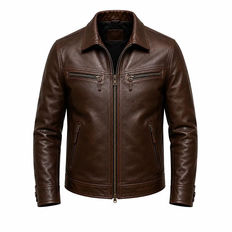 men's leather jacket in brown with zip pockets, front view, manufactured by Abeeha Leather Industry